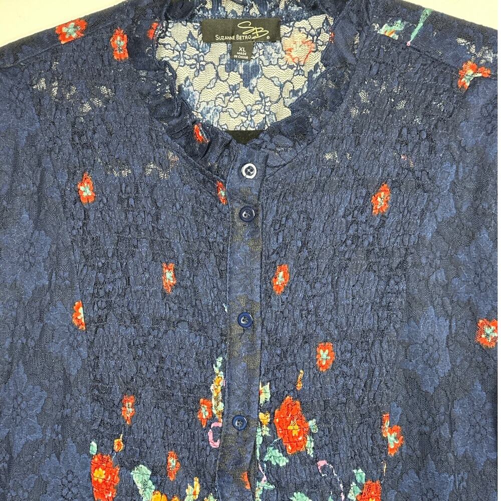Suzanne Betro Button Up Tunic Top Floral Lace Colorful Blue Bloomcore Tall XL - Picture 2 of 10